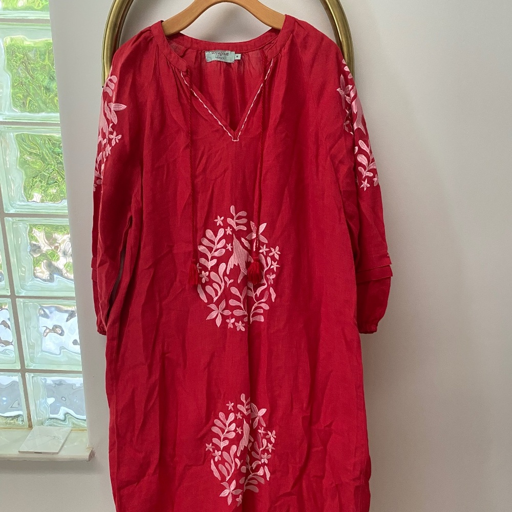 Voyageur by Mersea Red 100% Linen Palermo Embroidered Maxi Vacation Dress Size M - Picture 4 of 12